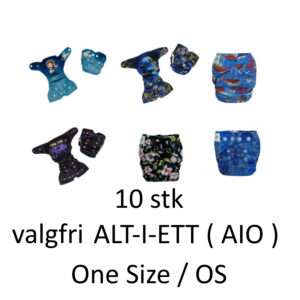 10 stk valgfri ALT-I-ETT ( AIO ) - One Size / OS - tøybleier startpakke