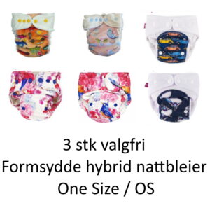 3 stk valgfri Formsydde, hybrid og nattbleier - One Size / OS